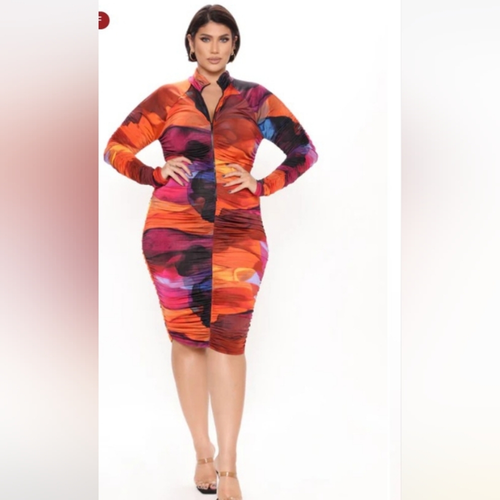 Multicolor Long Sleeve Ruched Bodycon Dress Sz 3x